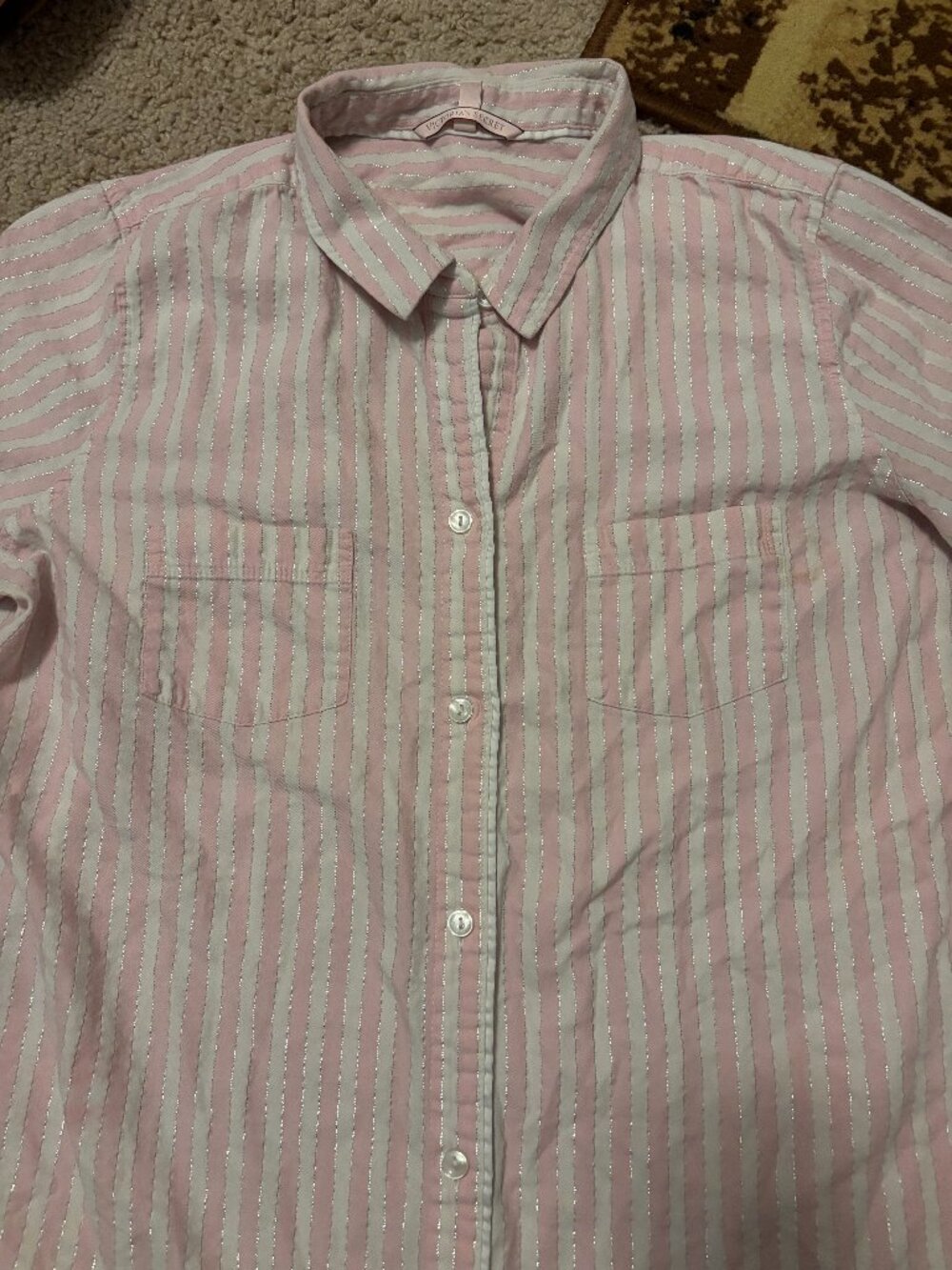 Victoria Secret Pink and White and Silver Sparkly Button Up Pajamas PJs Large